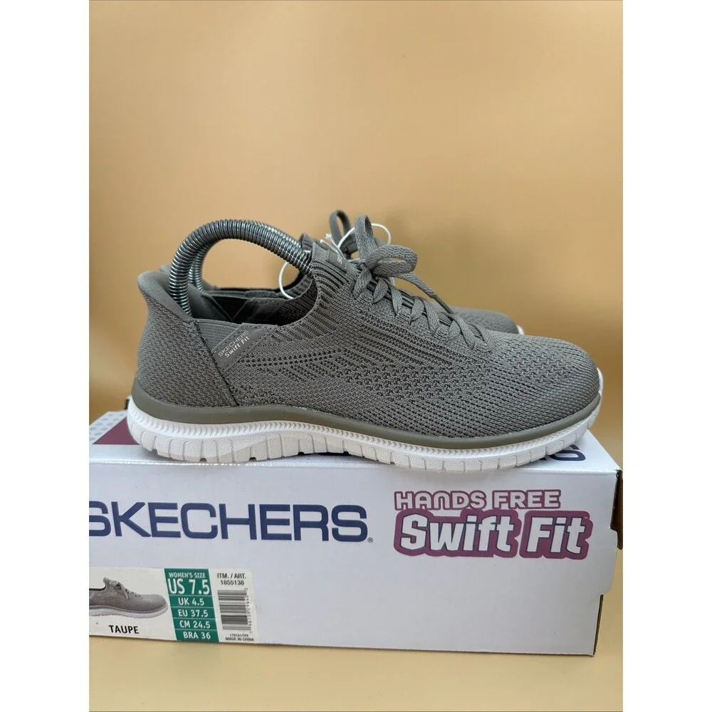 New Skechers Women's Taupe Virtue Swift Fit Sneaker Hands Free Memory Foam 7.5